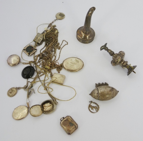 A SELECTION OF SILVER COLOURED METAL LOCKETS, various, a foreign white metal RECEPTACLE, ONE HALF