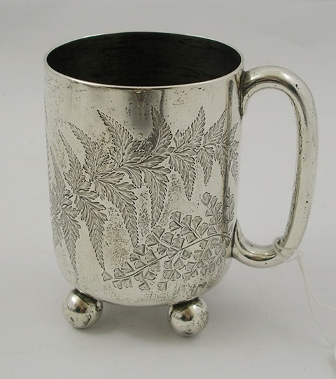 GEORGE ANGEL A VICTORIAN SILVER HALF PINT MUG having cylindrical body, all over bright cut with