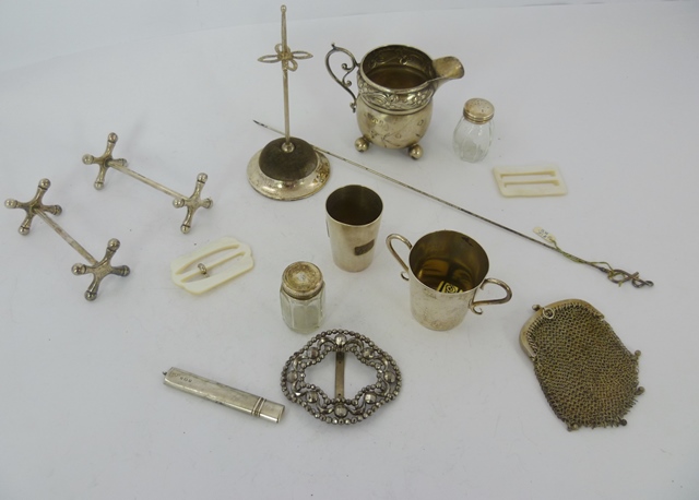 A MISCELLANY OF SILVER AND PLATED ITEMS, comprising a hat pin holder with hat pin, silver cream jug