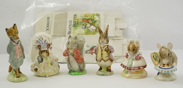 A SUITE OF SIX BESWICK BEATRIX POTTER EARTHENWARE FIGURES, all BP3b backstamps, Timmy Tiptoes B,