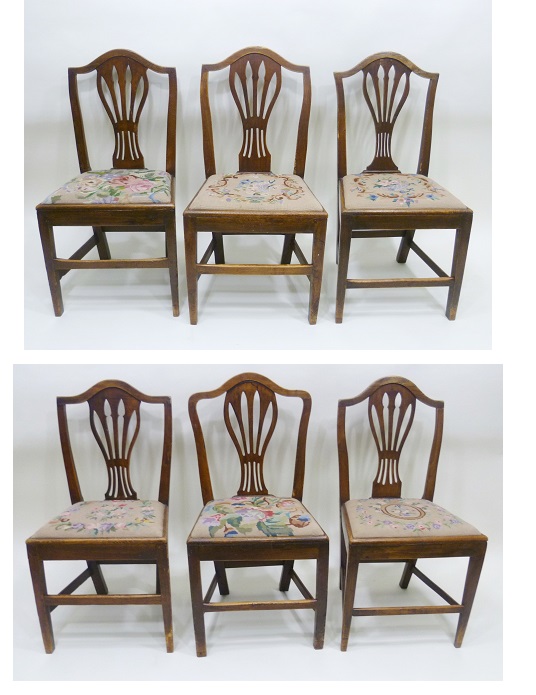 A HARLEQUIN SET OF SIX 19TH CENTURY COUNTRY MADE HEPPLEWHITE STYLE DINING CHAIRS each with humped