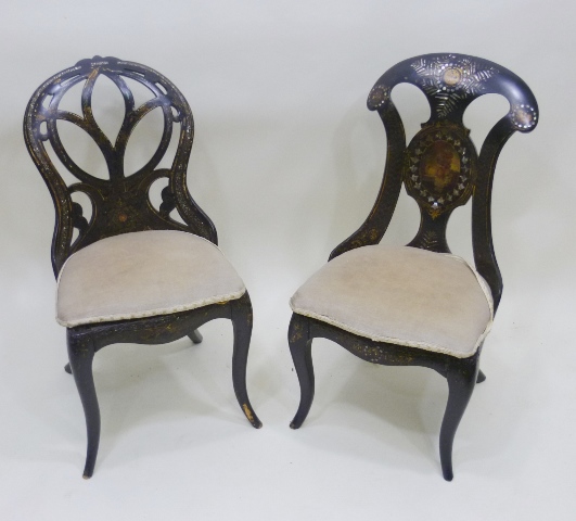 TWO LATE VICTORIAN MOTHER OF PEARL INLAID PAPIER MACHE CHAIRS with decorative paint detail, each