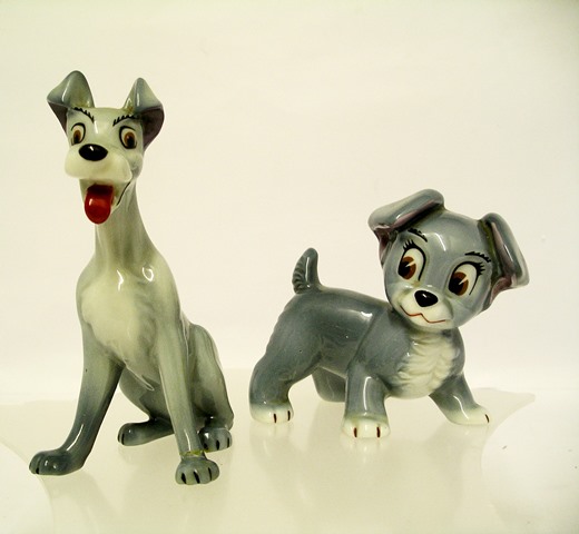 TWO WADE EARTHENWARE DISNEY BLOW-UP SERIES MODELS OF "SCAMP" AND "TRAMP", from the cartoon "Lady and