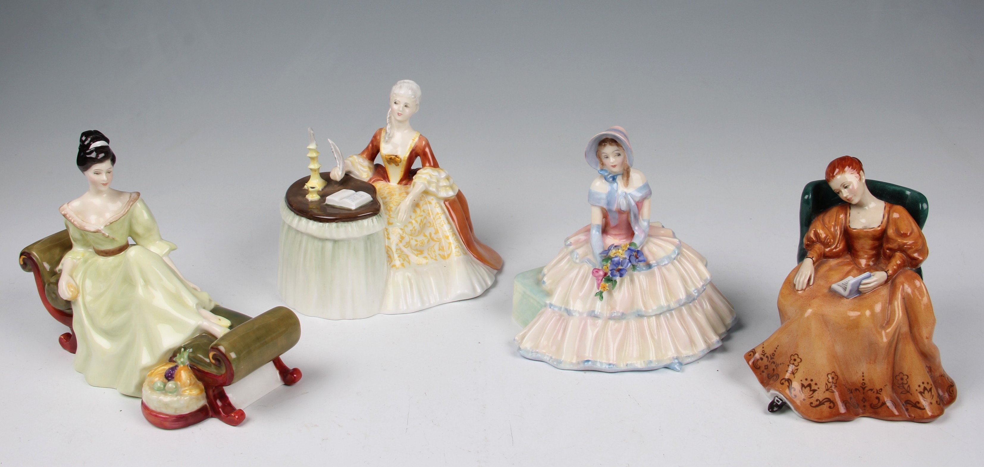 Four Royal Doulton figures to include Meditation HN 2330, Romance HN 2430, At ease HN 2473 by P