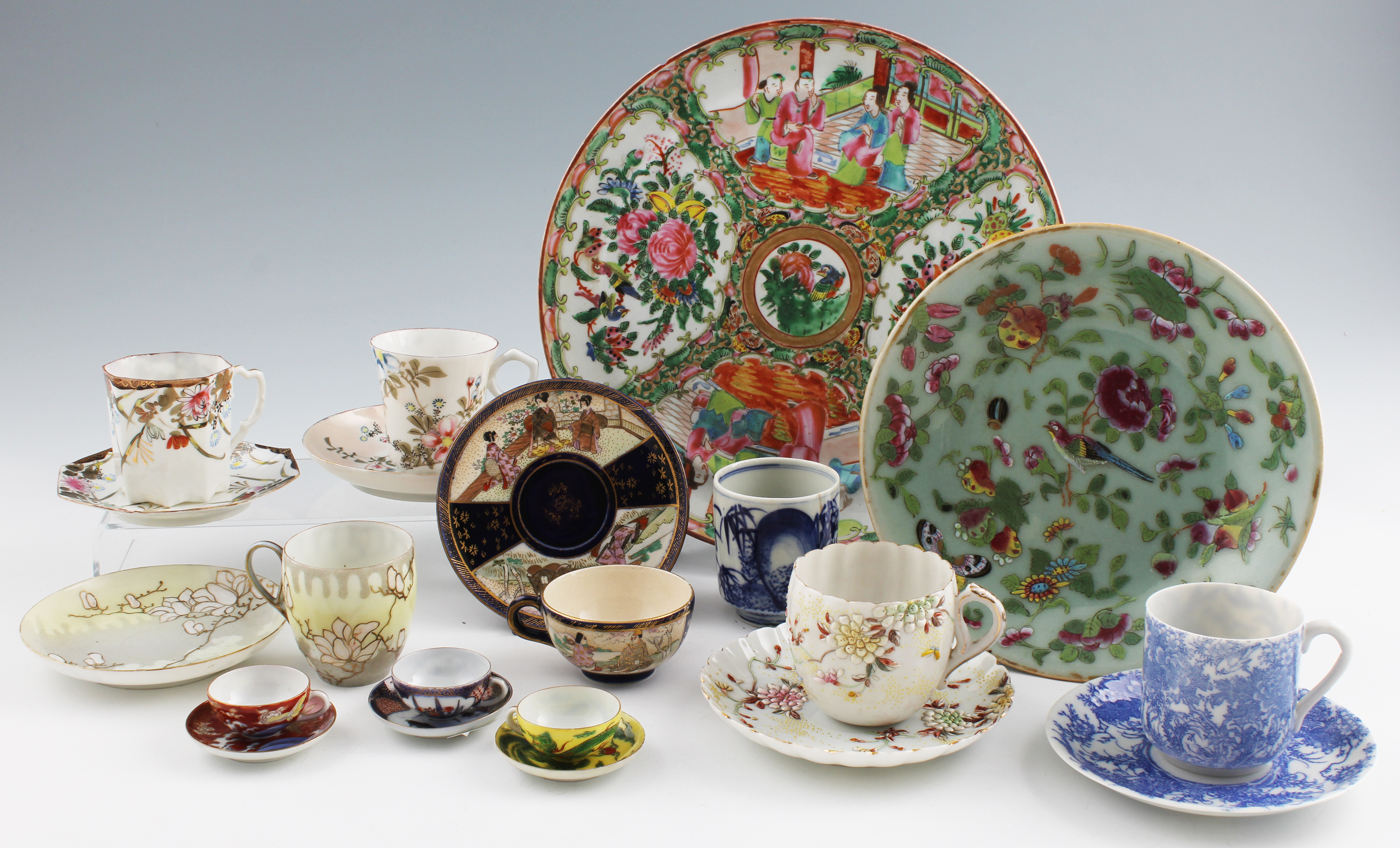 A parcel lot of Oriental ceramics to include Japanese Satsuma miniature cup and saucer, square