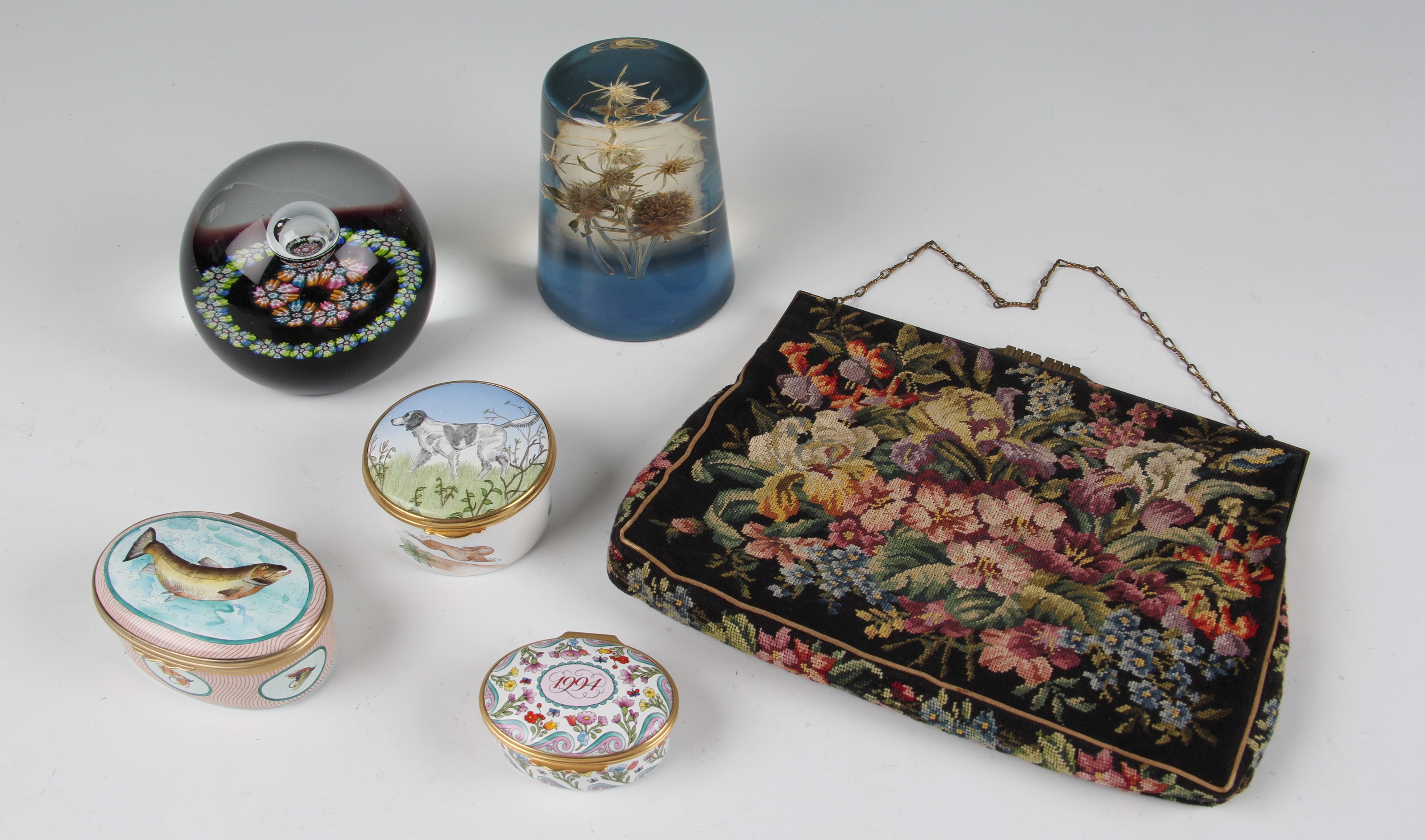 A parcel lot to include a Caithness paperweight, Millefiori reflections by William Manson, of