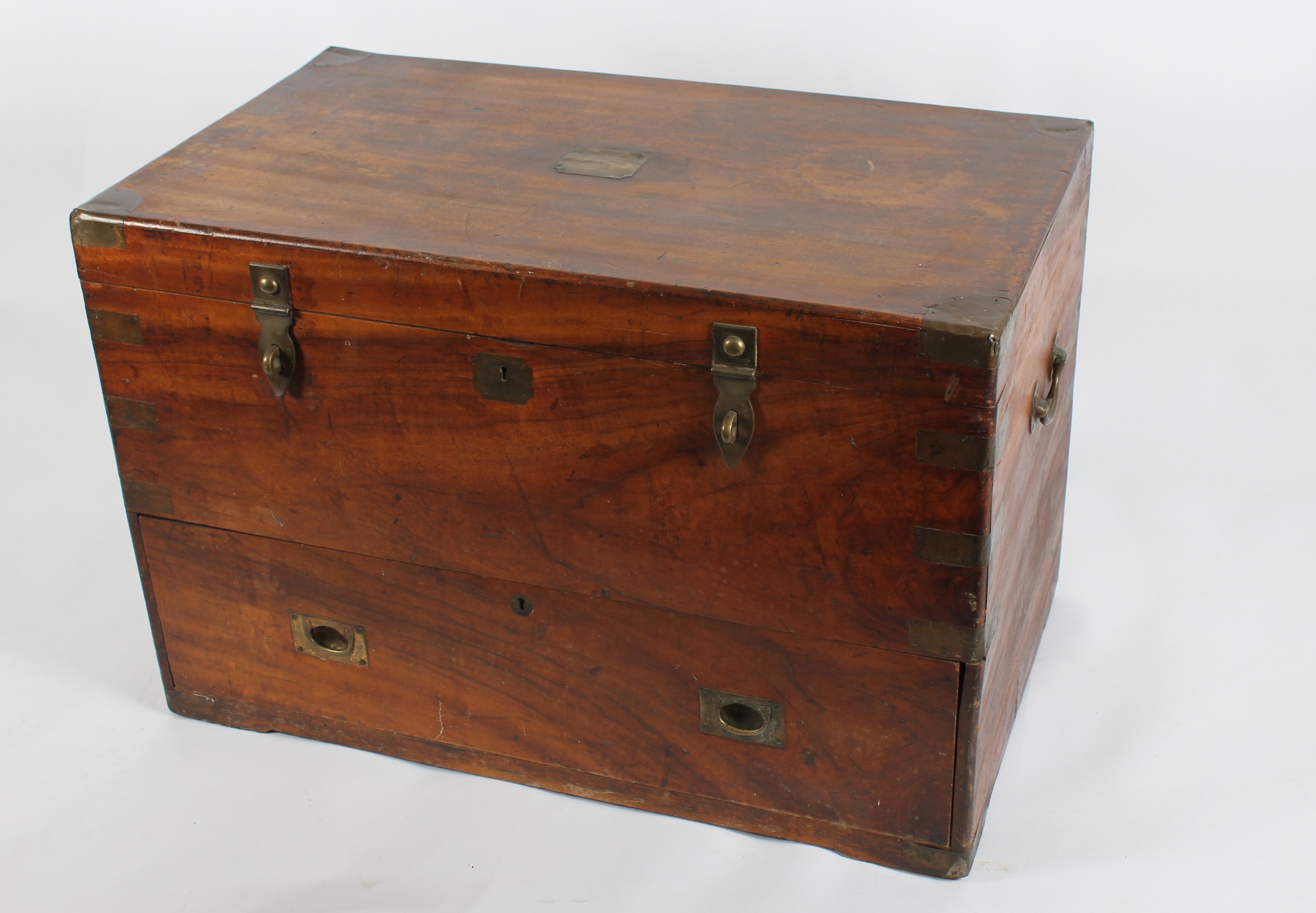 A Camphor wood chest, of campaign type, with brass bands to corners, and inset brass handles, with