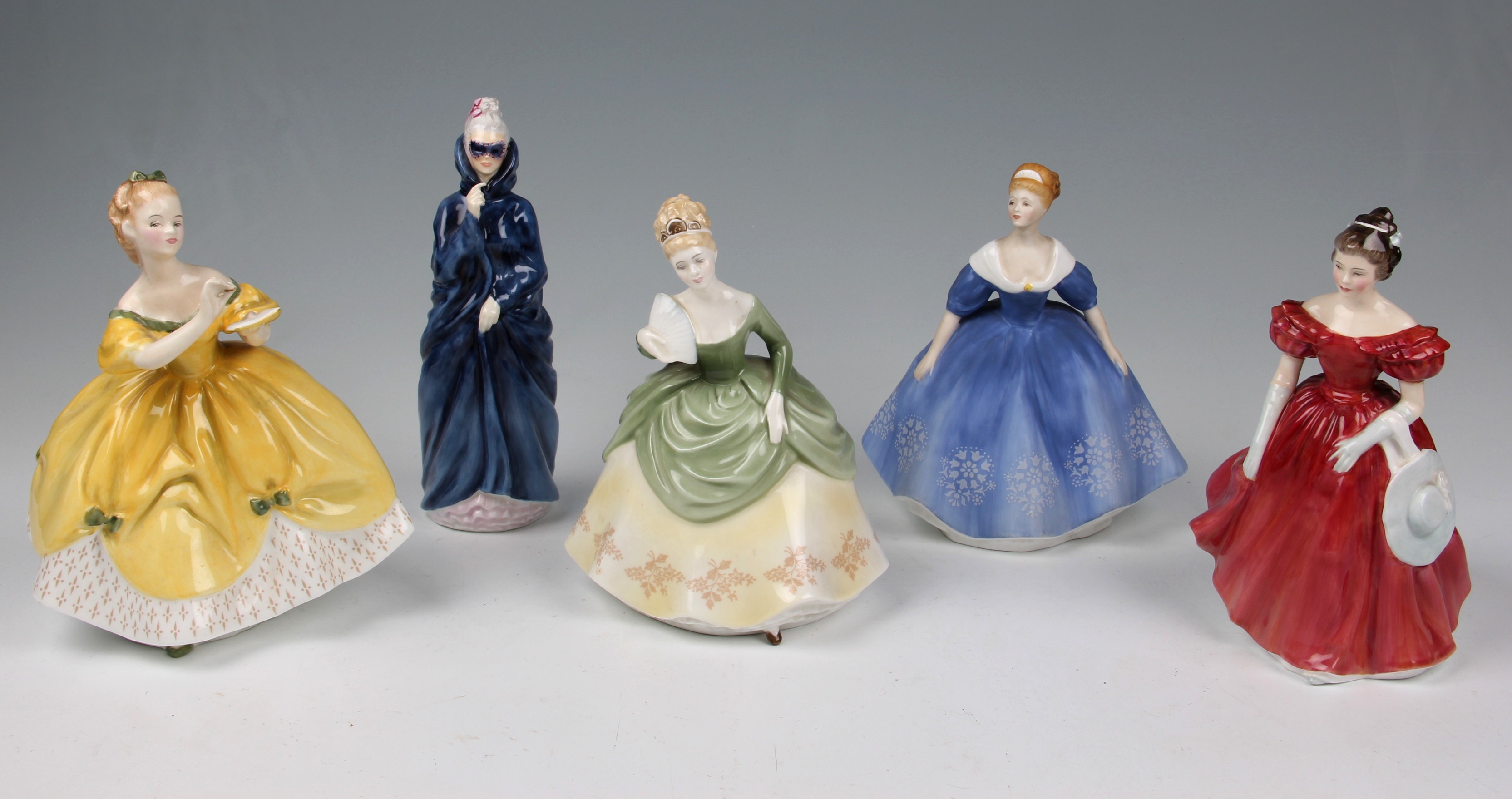 Five Royal Doulton figures, Winsome HN 2220, Nina HN 2347, Soiree HN 2312, Masque HN 2554 by P