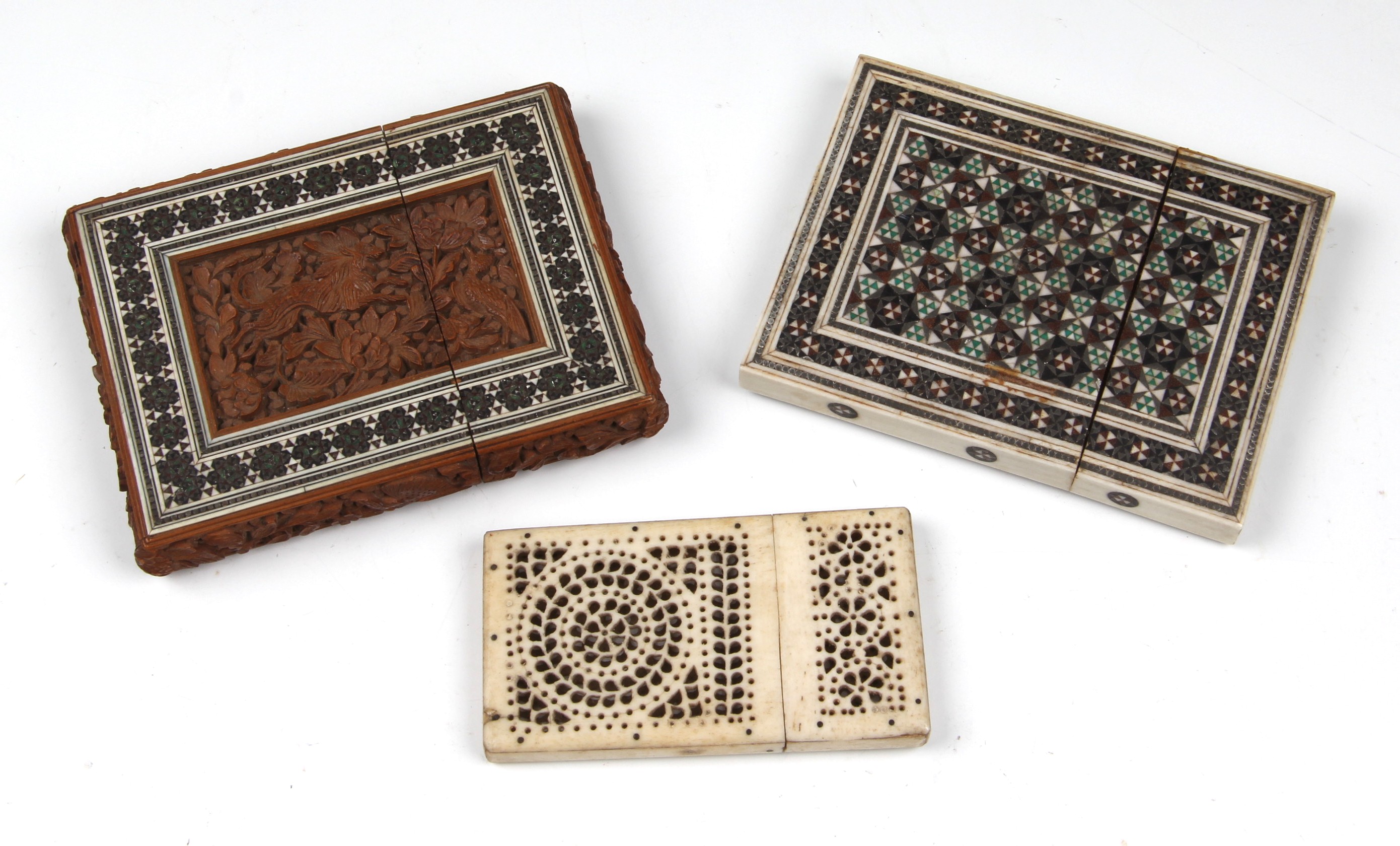 Three late 19th/early 20th Century Anglo Indian card cases, one with geometric sadeli inlay of