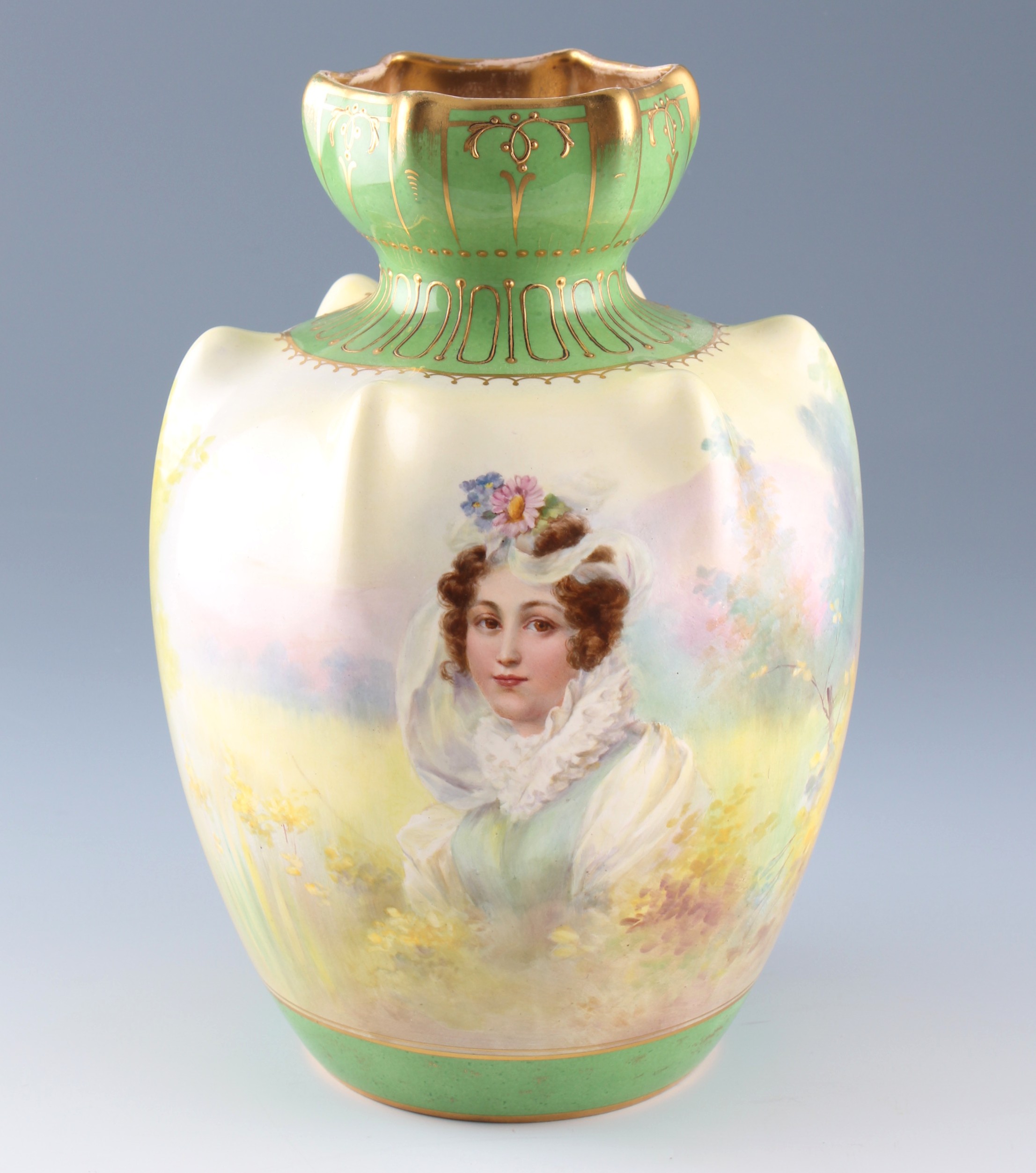 A late 19th Century Royal Bonn vase, of lobed necked form, enamelled with a lady in 19th Century