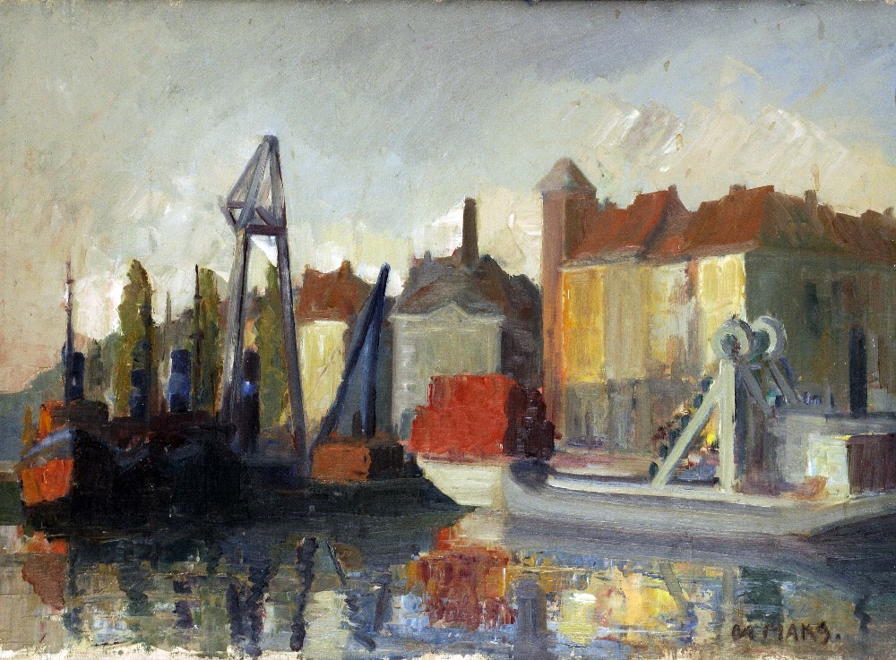 M. MAKS. Framed, signed, oil on board, 20th Century industrial harbour scene, with various sailing