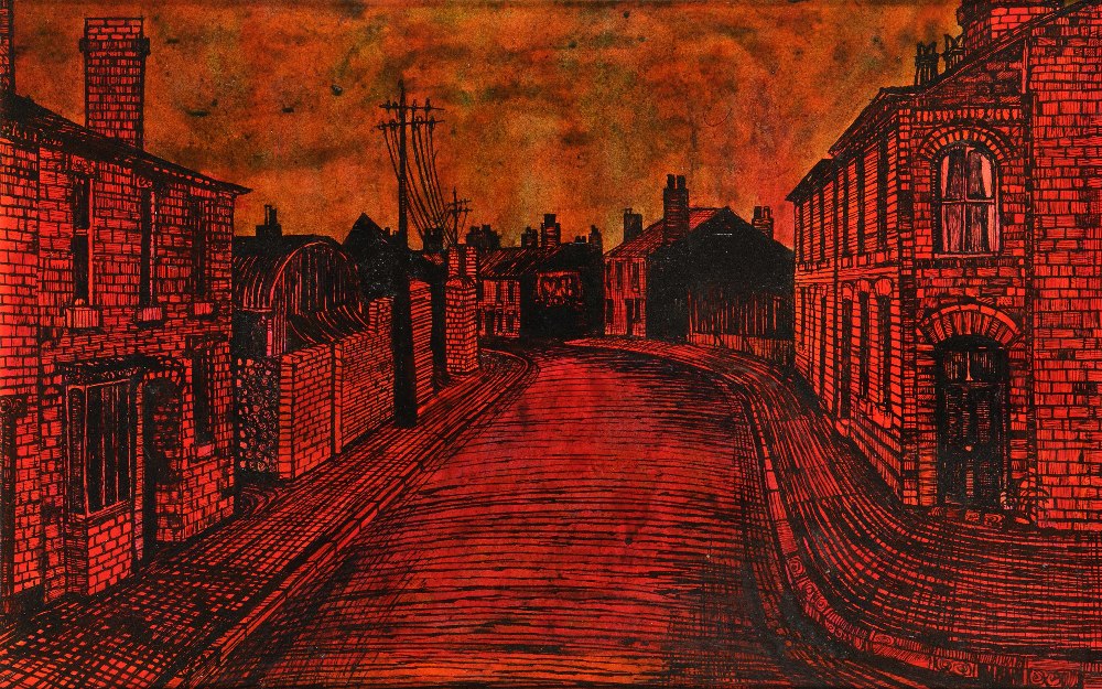 Framed, unsigned, mixed media on board, Contemporary Northern industrial street scene, with red
