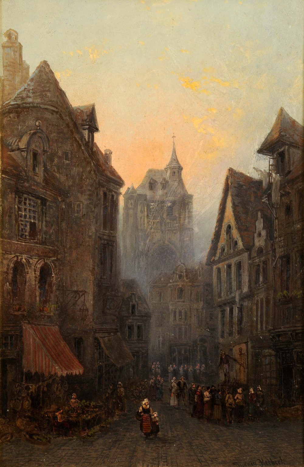 SYDNEY HERBERT (1854 - 1914) Framed, signed, oil on board, Belgian street scene with a crowd