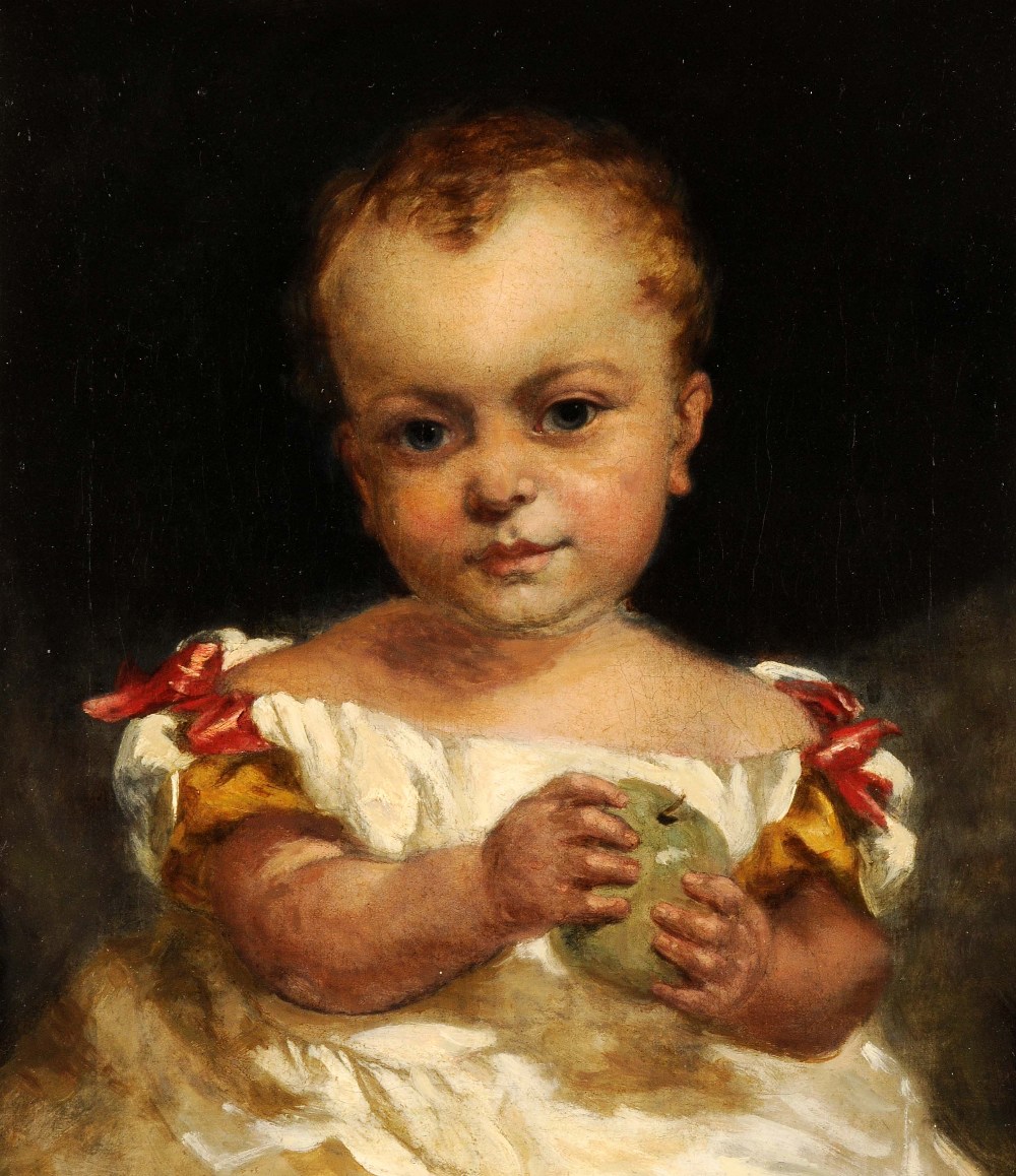 Framed, unsigned, oil on canvas, early English School half length portrait of an infant in white