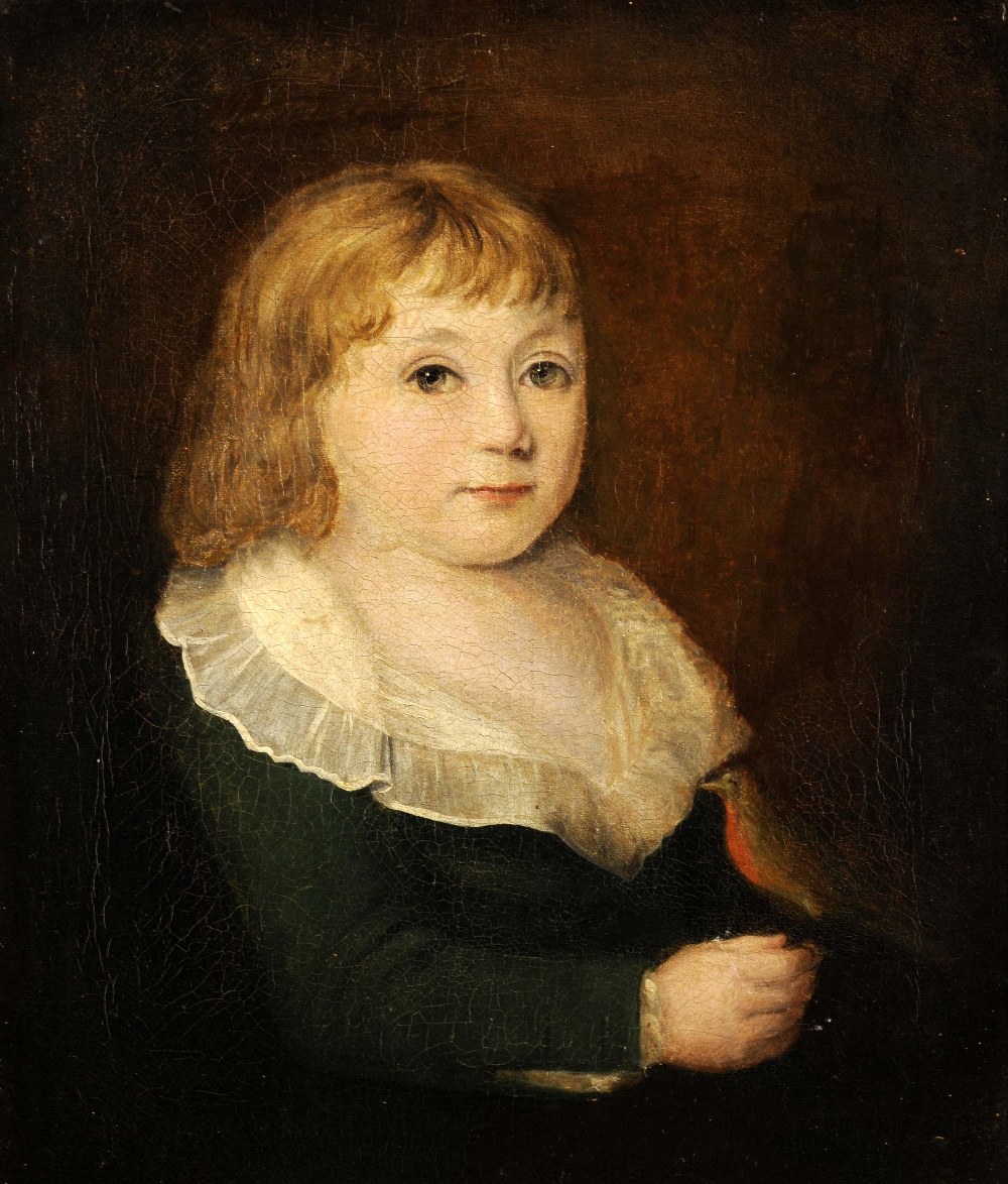 Framed, unsigned, late 18th Century oil on canvas, half length portrait of a seated child in green