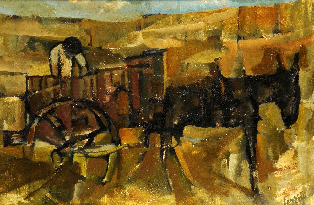 CAMPBELL. Framed, bears signature, oil on board, Modernist rural scene showing figure with donkey