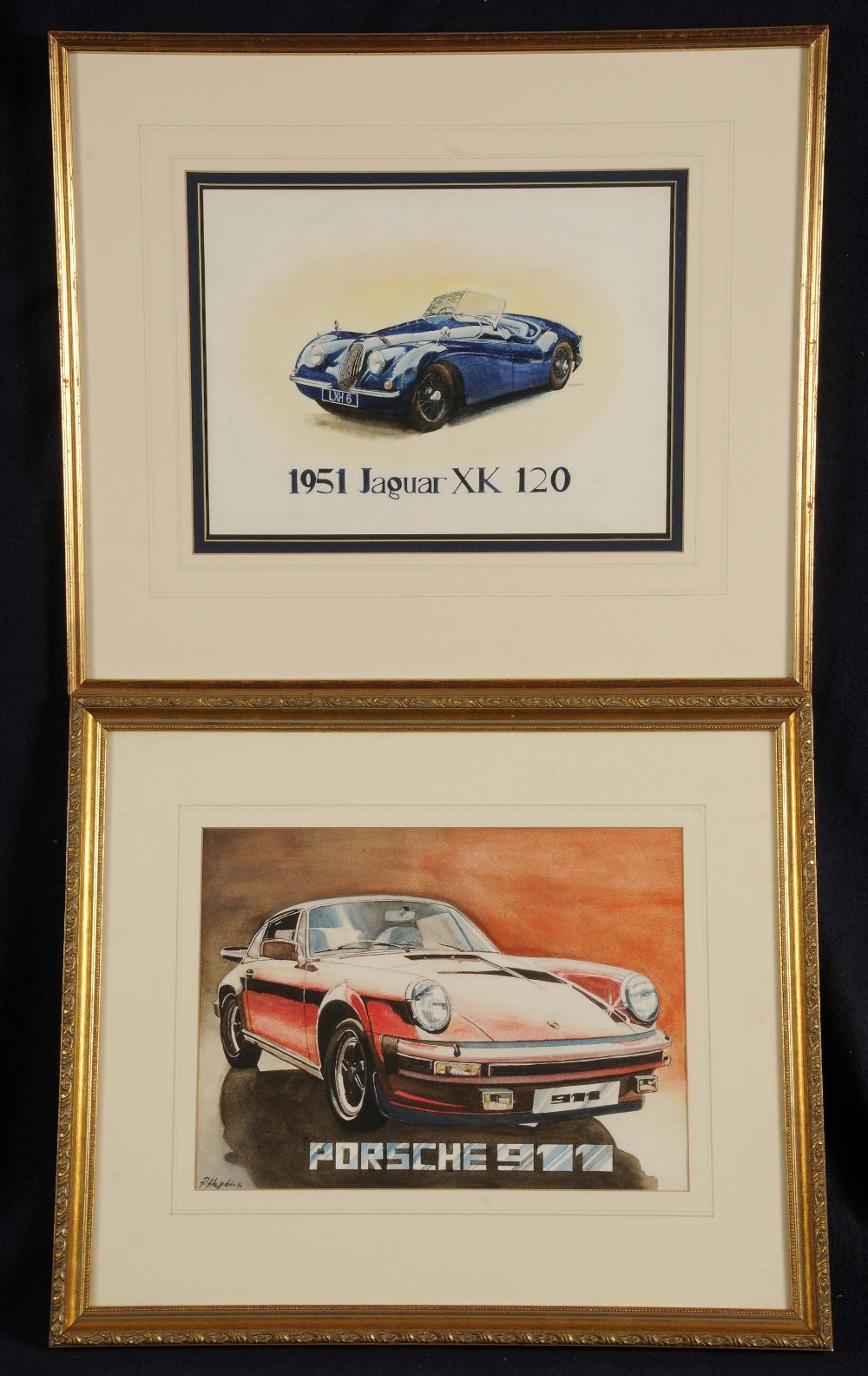 PAUL HOPKINS. A pair of framed, signed, watercolours on paper, one showing a red Porsche 911, the