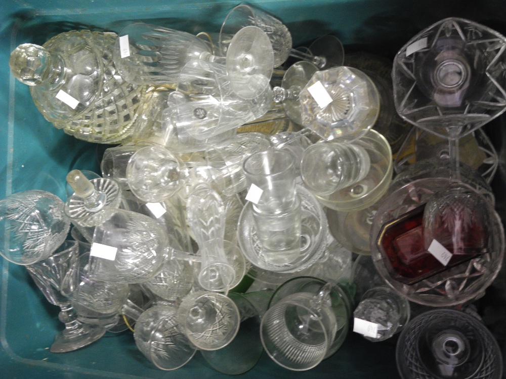 A parcel lot of cut and moulded glass to include champagne, wine and sherry glasses, tumblers,