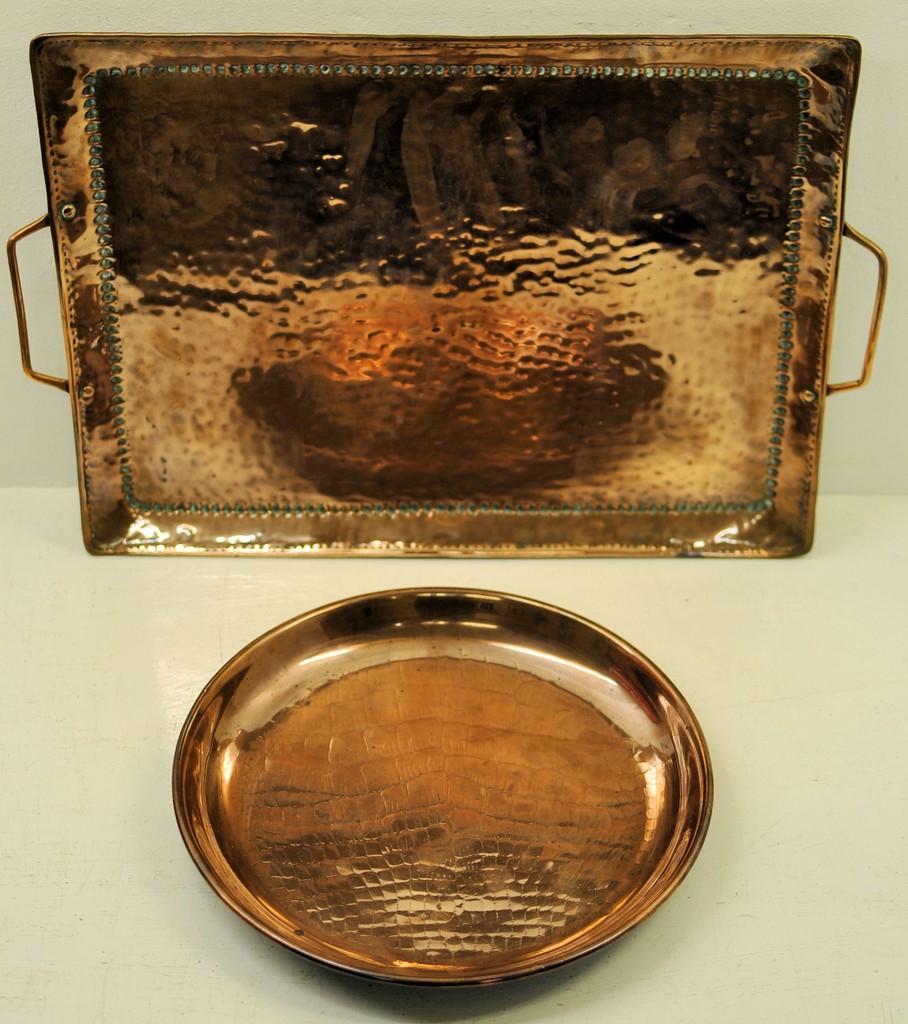 A copper circular Tray by Joseph Sankey & Son, Wolverhampton, of crocodile skin effect, 10"" (
