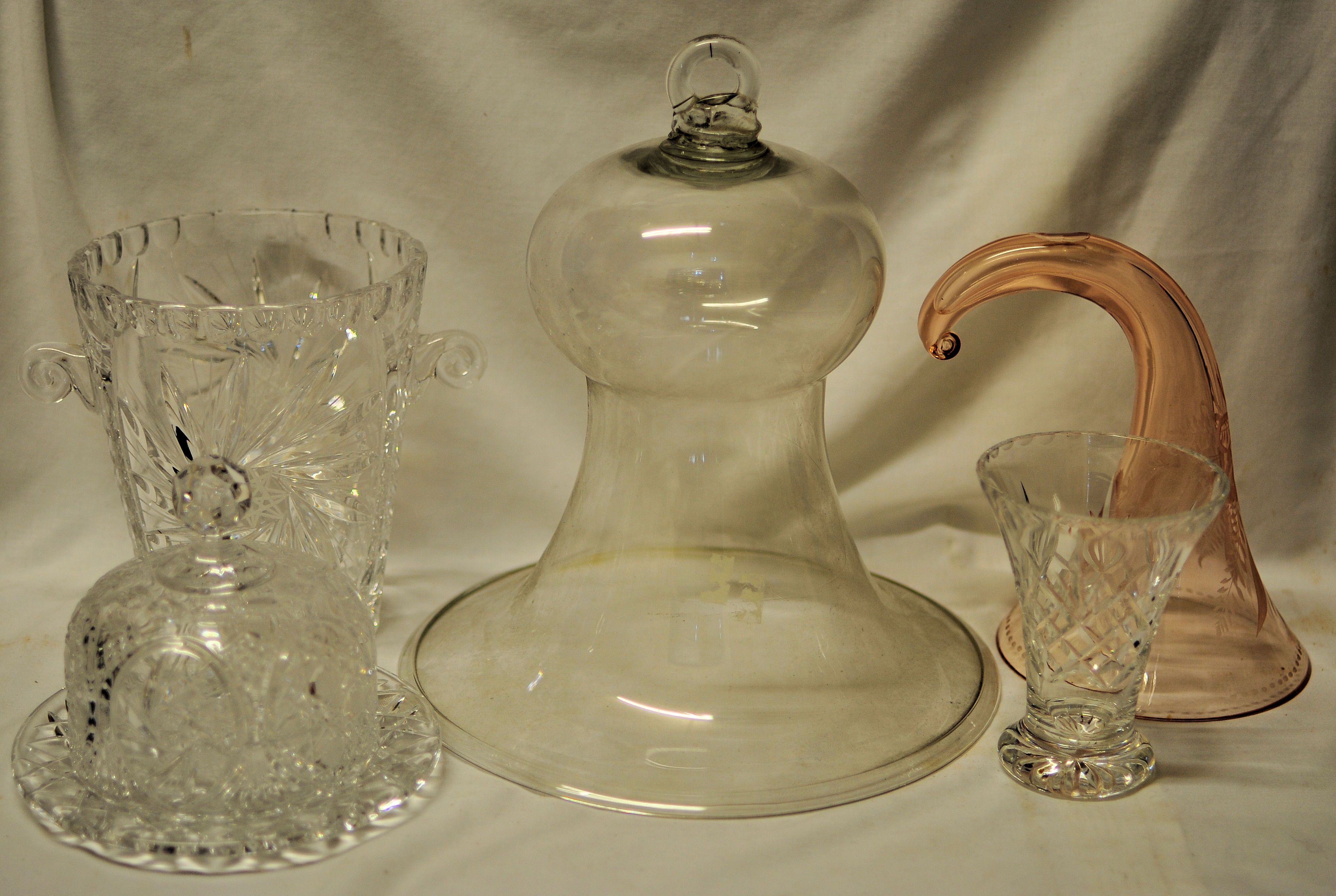 A Victorian glass Smoke Bell, an etched cornucopia shape vase and other items of glassware.