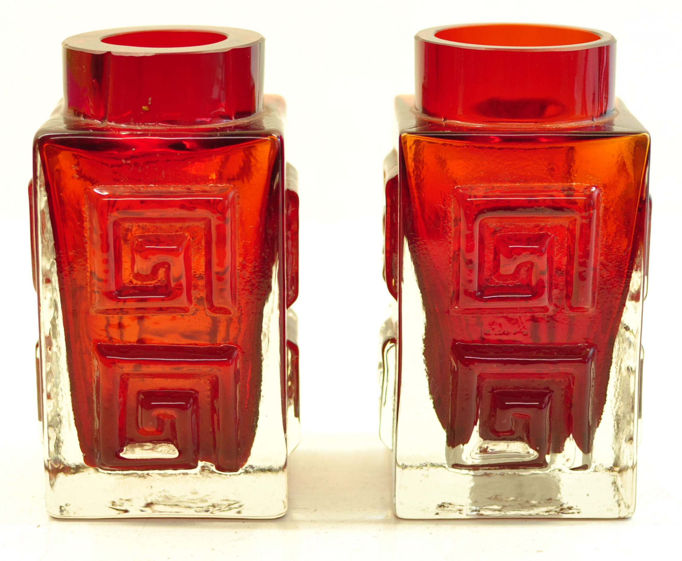 A pair of Whitefriars square section red glass Vases decorated in the Greek Key pattern. 4 1/2"" (