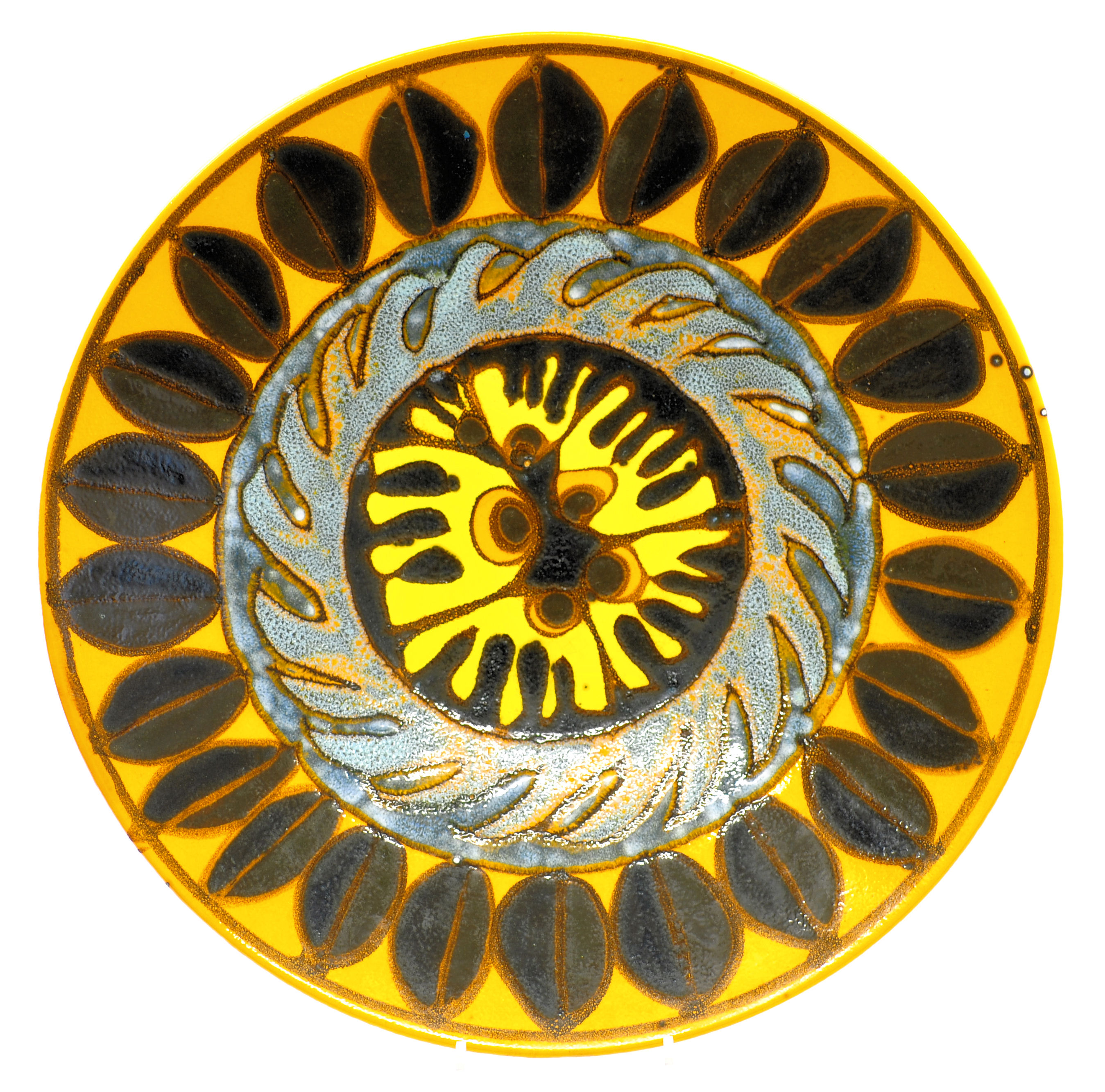 A Poole pottery Charger, the border with a stylised leaf design in orange, yellow, blue etc. 16"" (