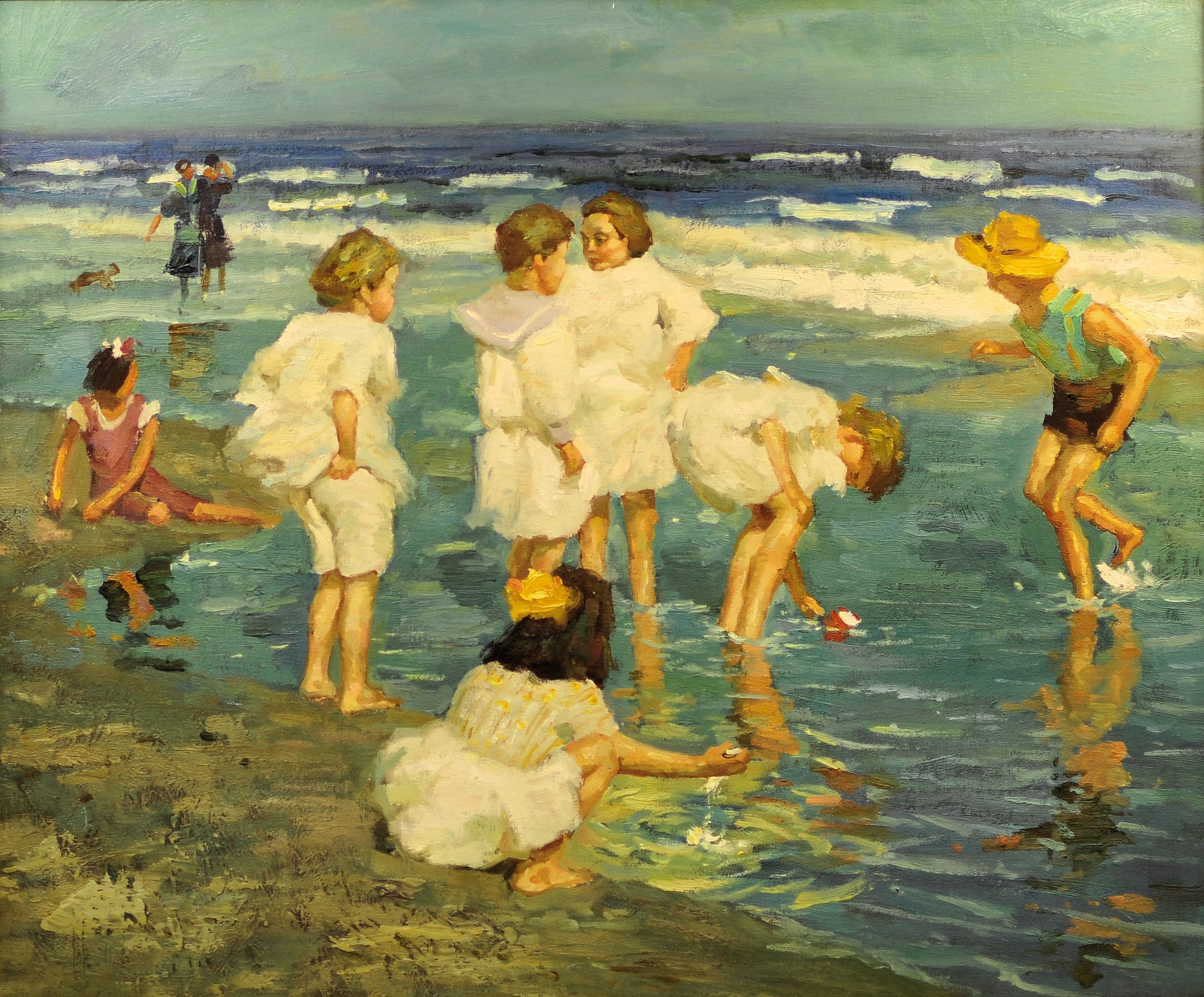 Style of DOROTHEA SHARP; children playing on the beach, Oil on Canvas. 19 1/2"" (49cms) x 24"" (