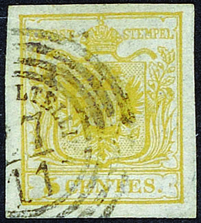 Lombardo Veneto I emissione - Carta a mano  1850 5 c. giallo limone - Certificati Sorani  Starting