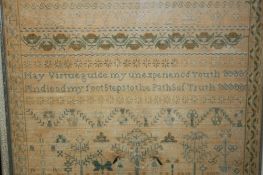 A sampler by Jane Hewgill aged 12, date 1820, taught by M Todd. 47 x 48.5 cm