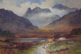 David Gould (1871-1952) Watercolour Signed "Lake District view with sheep walking along a pathway"