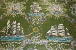 Four lengths of Nautical pattern fabric on a green ground. One 9m, Two 8m and One 4m.