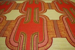 Two lengths of fabric `Aquiza` pattern on a yellow ground with geometric panels. 4.5m and 7m