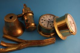 A 20th century Schatz ship`s clock and a ship`s barometer, a brass bell inscribed SMS Konig, a brass