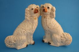 A pair of Staffordshire spaniels in white with gilt highlights. 31.5 cm high