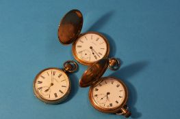 Two plated Waltham pocket watches and another pocket watch. (3)