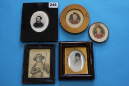 Five various portrait miniatures.