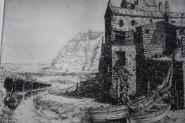 A large folio of prints by Walter Lishman (1900-1986) of Whitby Harbour, Durham, Monkwearmouth,