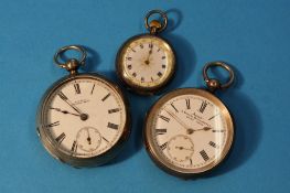 A silver Waltham pocket watch, Birmingham 1896 and two Continental silver pocket watches. (3)