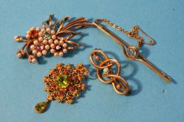 A 15ct gold pendant, a 15ct bar brooch, a 15ct gold seed pearl spray brooch and a 9ct gold