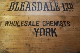 Four pine chemist`s advertising crates "Bleasdale Ltd Wholesale Chemists York". 59 cm 41 cm