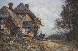 David Cox 1783-1859 Oil on canvas Signed "Country cottage with figures outside" 25 cm x 35 cm