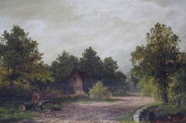 Pair of oils on canvas Signed "Rural landscape with a figure seated by a cottage and stream" and "