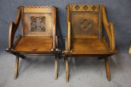 A pair of pine ecclesiastical chairs with carved panelled back and a similar open armchair. (3)