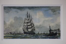 Bernard Finegan Gribble 1873-1962 Watercolour Signed "Sailing ship at North Shields" 12 cm x 20.5 cm