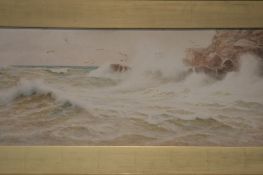 Ernest Stuart (Act. circa 1889-1915) Watercolour Signed"Waves crashing against a rocky coastline"