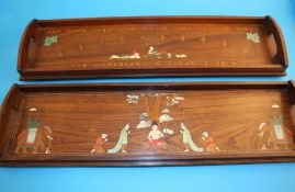 A pair of rectangular two handled "Arts and Crafts" style inlaid trays, each decorated with Indian