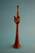 A faux hunting horn with attached carved fox`s head; a signed miniature cricket bat; two cricket