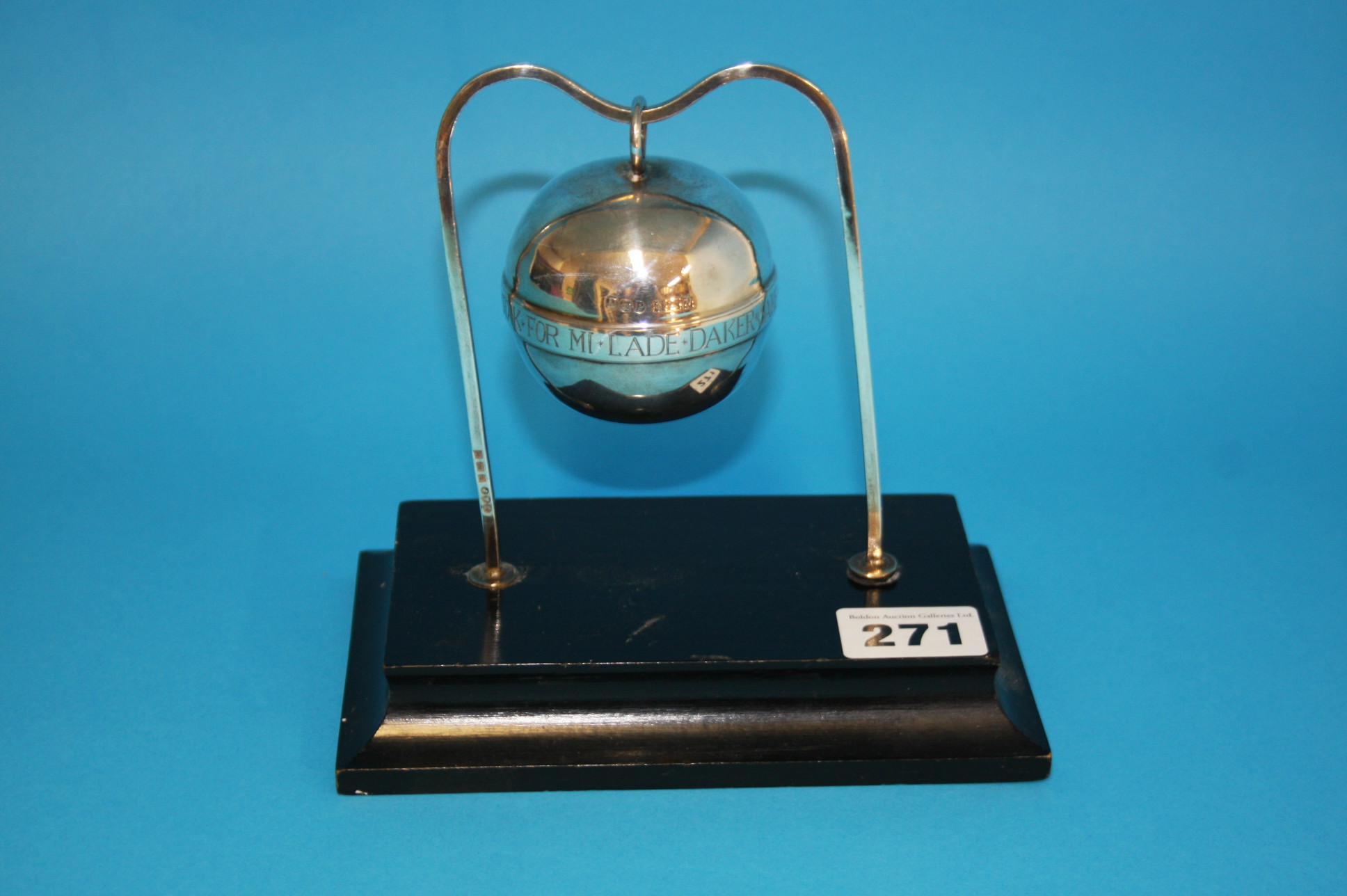 A silver trophy for the Carlisle Bell Race 1959, in the form of a hanging bell, Birmingham 1957,