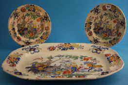 A large "Chinese Celtic" pattern ironstone meat plate and two dinner plates.54 cm wide and 25 cm
