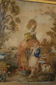 A Victorian mixed tapestry of a woman and child dated November 9th 1862, in a gilt frame.77 cm x 63